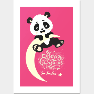 Cute panda Waiting for santa claus on the Moon Posters and Art